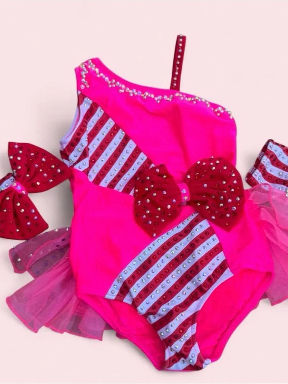 Glamour Hot Pink Candy Stripe Tutu Leotard w Red Bow Dance Halloween Costume SzS